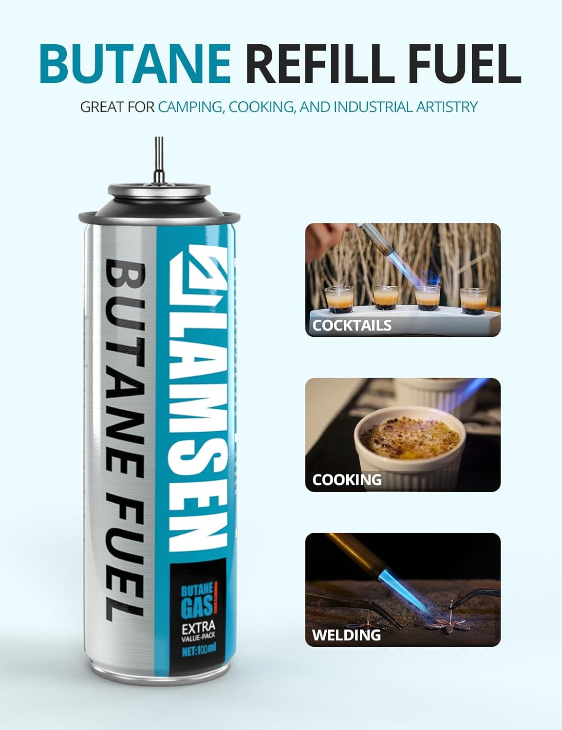 Butane Refill - 100ml, Butane Fuel for Torch Lighter, Butane Canister for Torch Lighter, Butane Fuel Gas for Cooking, Camping and Welding