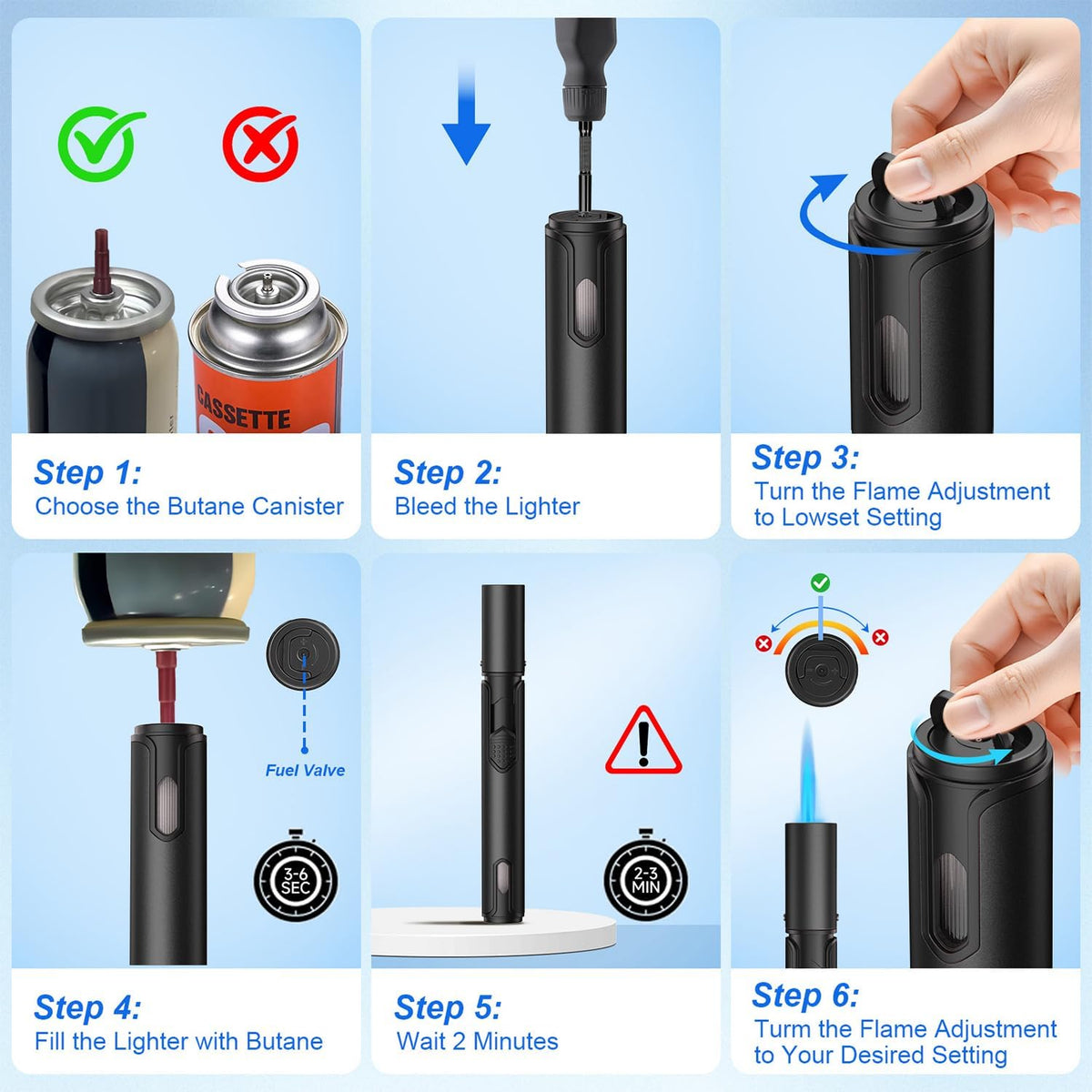 Torch Lighters 6 Inch Refillable Jet Flame Butane Lighters with Visible Fuel Window, Portable Long Lighter for Candle Grill Fireplace Camping BBQ. 2 Pack (Not Prefilled)