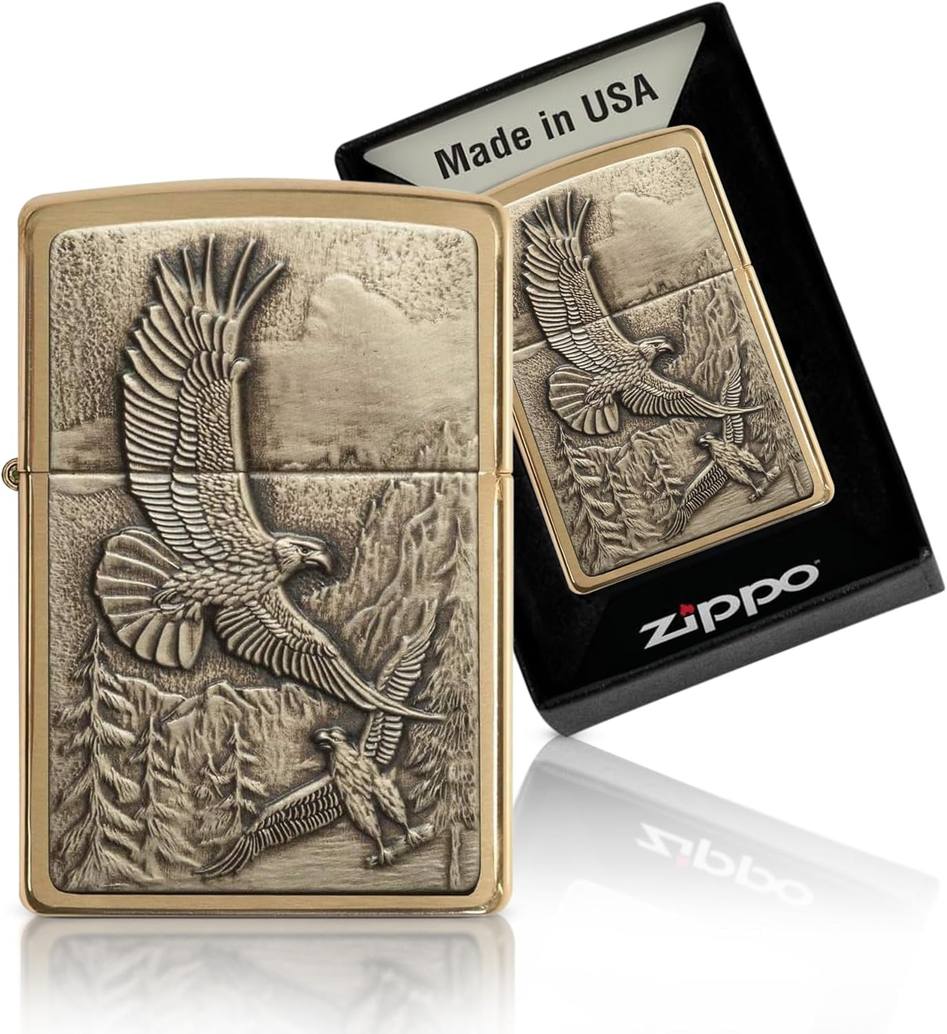 Zippo Eagles Dare Pocket Lighter - Refillable Flip-Top Windproof Lighters - Fierce Soaring Eagle Patriotic Design Pocket Lighters - Luxury Metal Lighter Made in USA