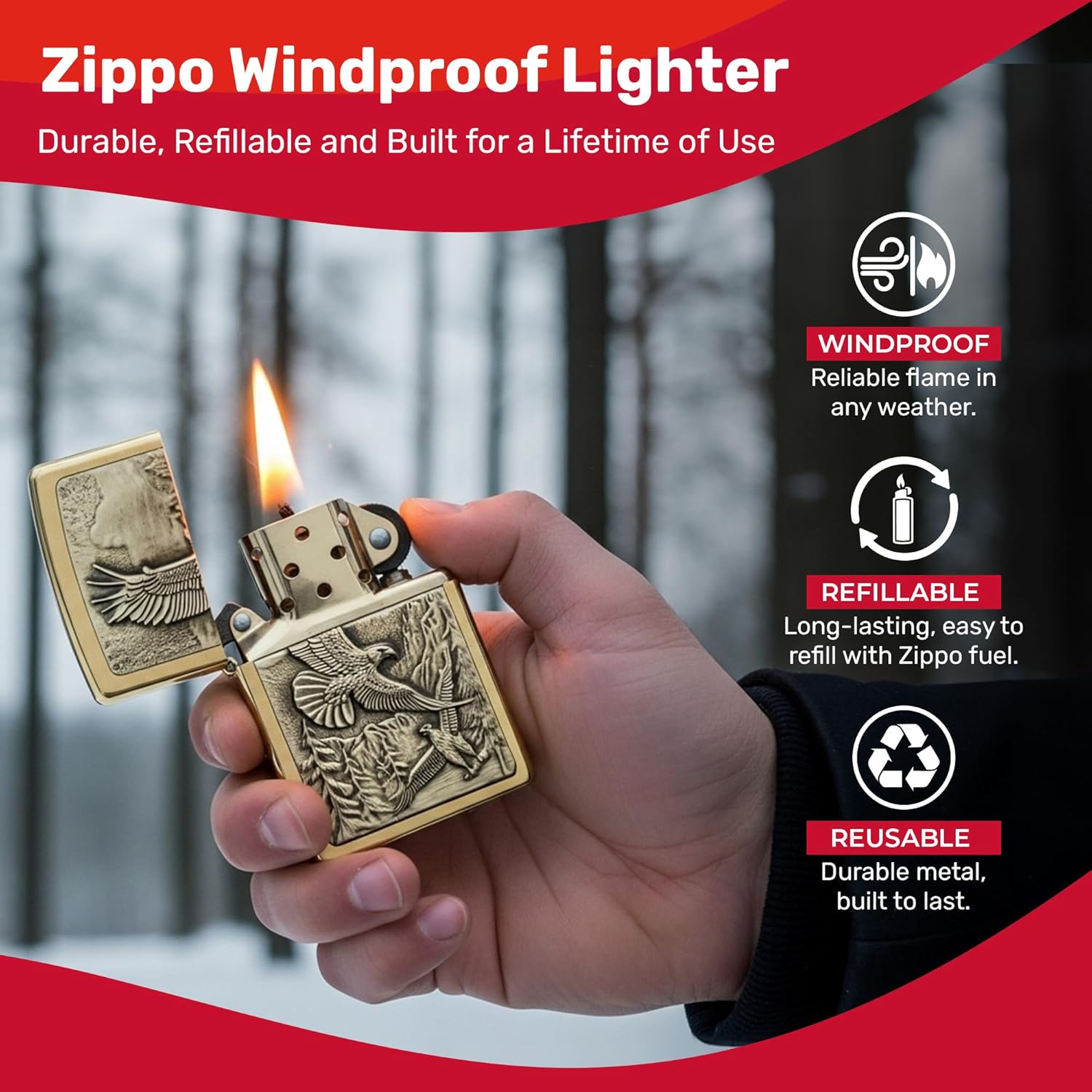 Zippo Eagles Dare Pocket Lighter - Refillable Flip-Top Windproof Lighters - Fierce Soaring Eagle Patriotic Design Pocket Lighters - Luxury Metal Lighter Made in USA